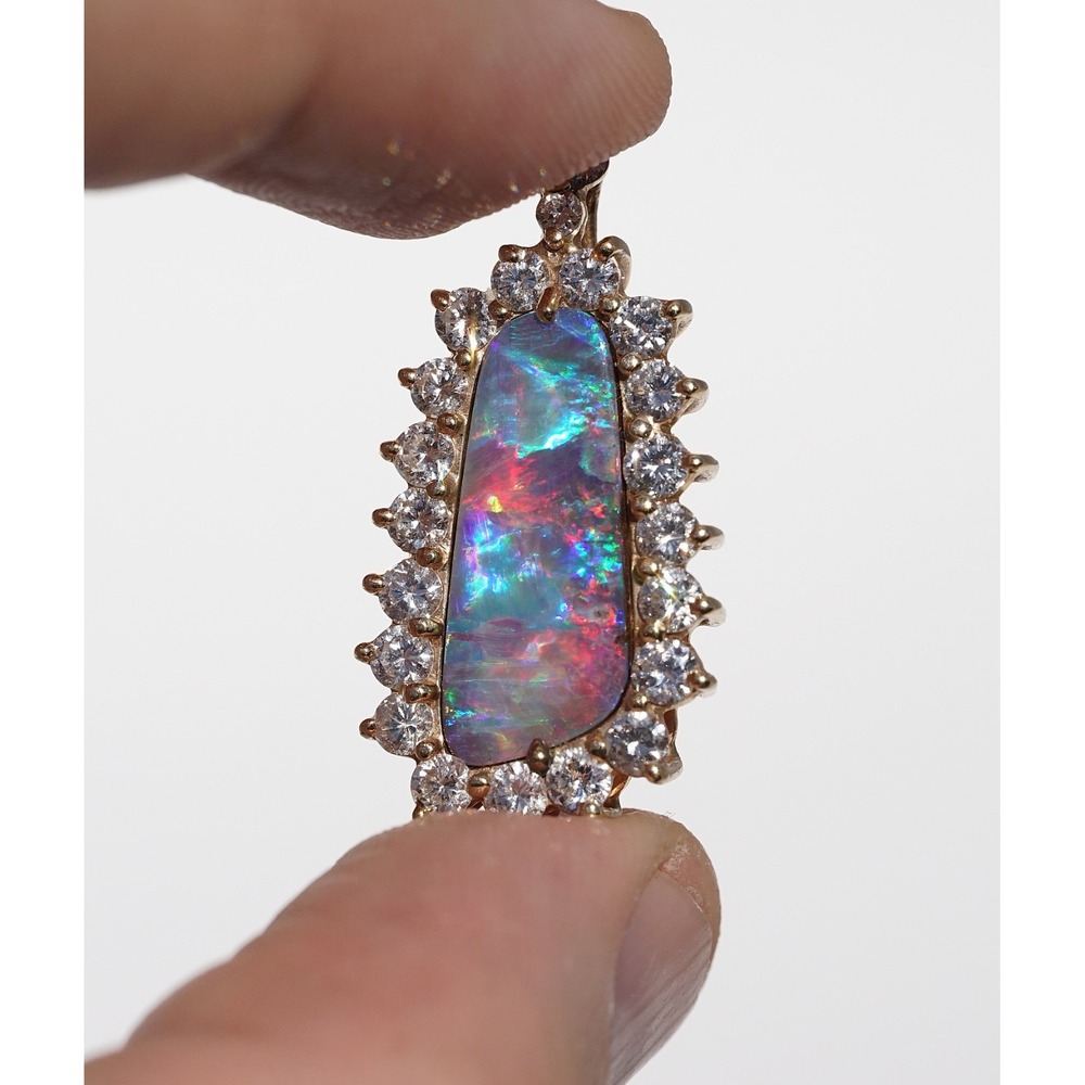14k Solid Gold 4.19 ct High Quality Australian‎ Boulder Opal & Diamond Pendant